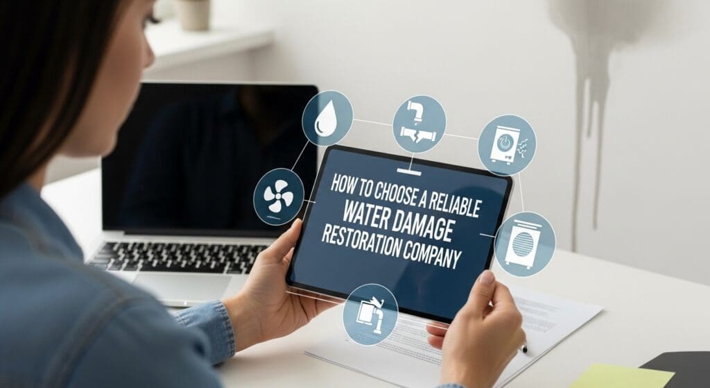 Woman holding tablet titled 'How to choose a reliable water damage restoration company' with restoration service icons.
