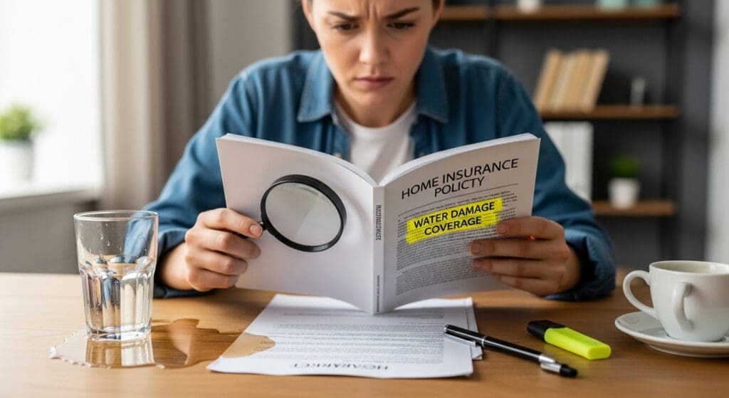 A concerned woman uses a magnifying glass to read a home insurance policy near a water spill on her desk.