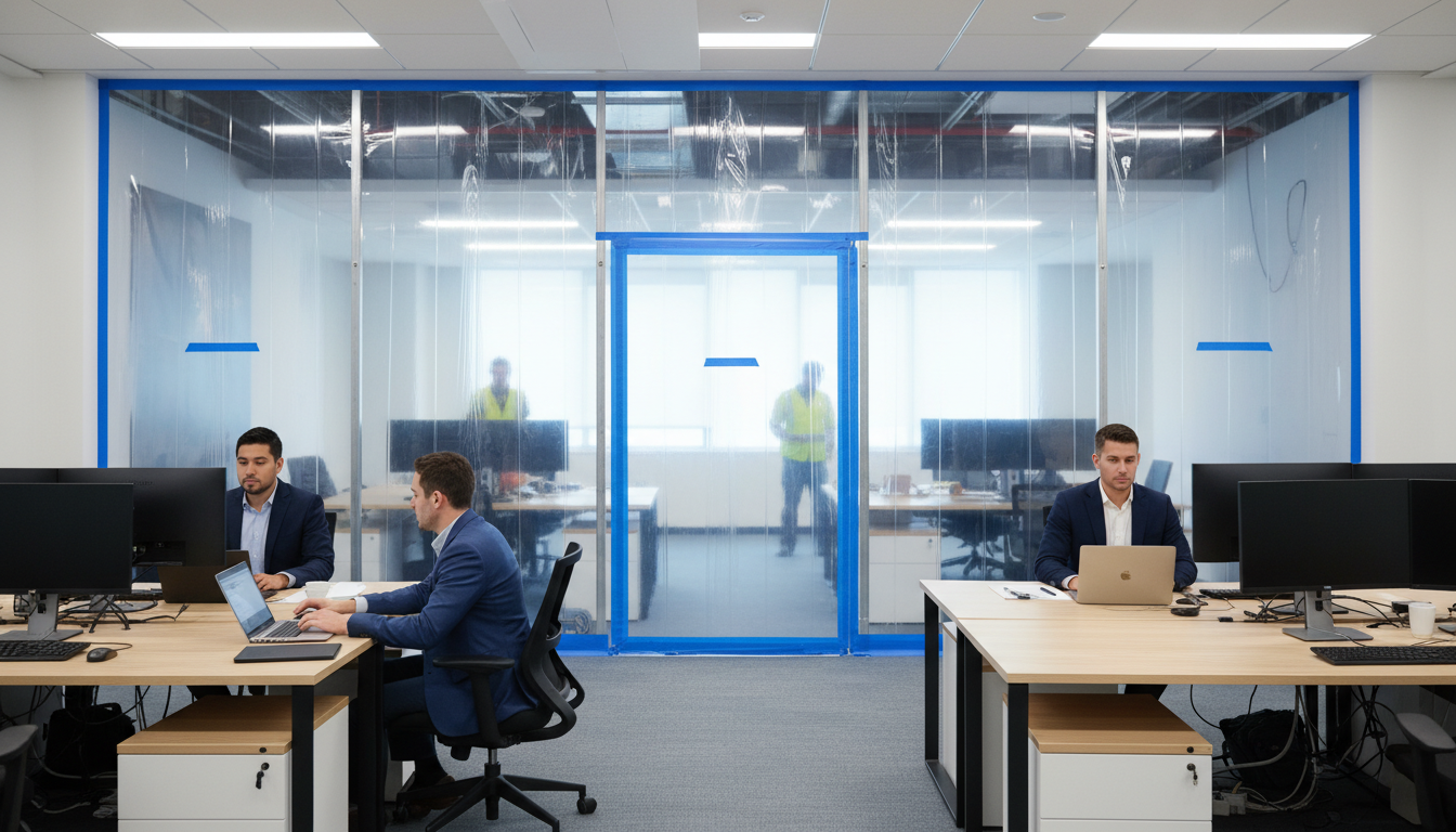Containment wall in office allowing business continuity during restoration
