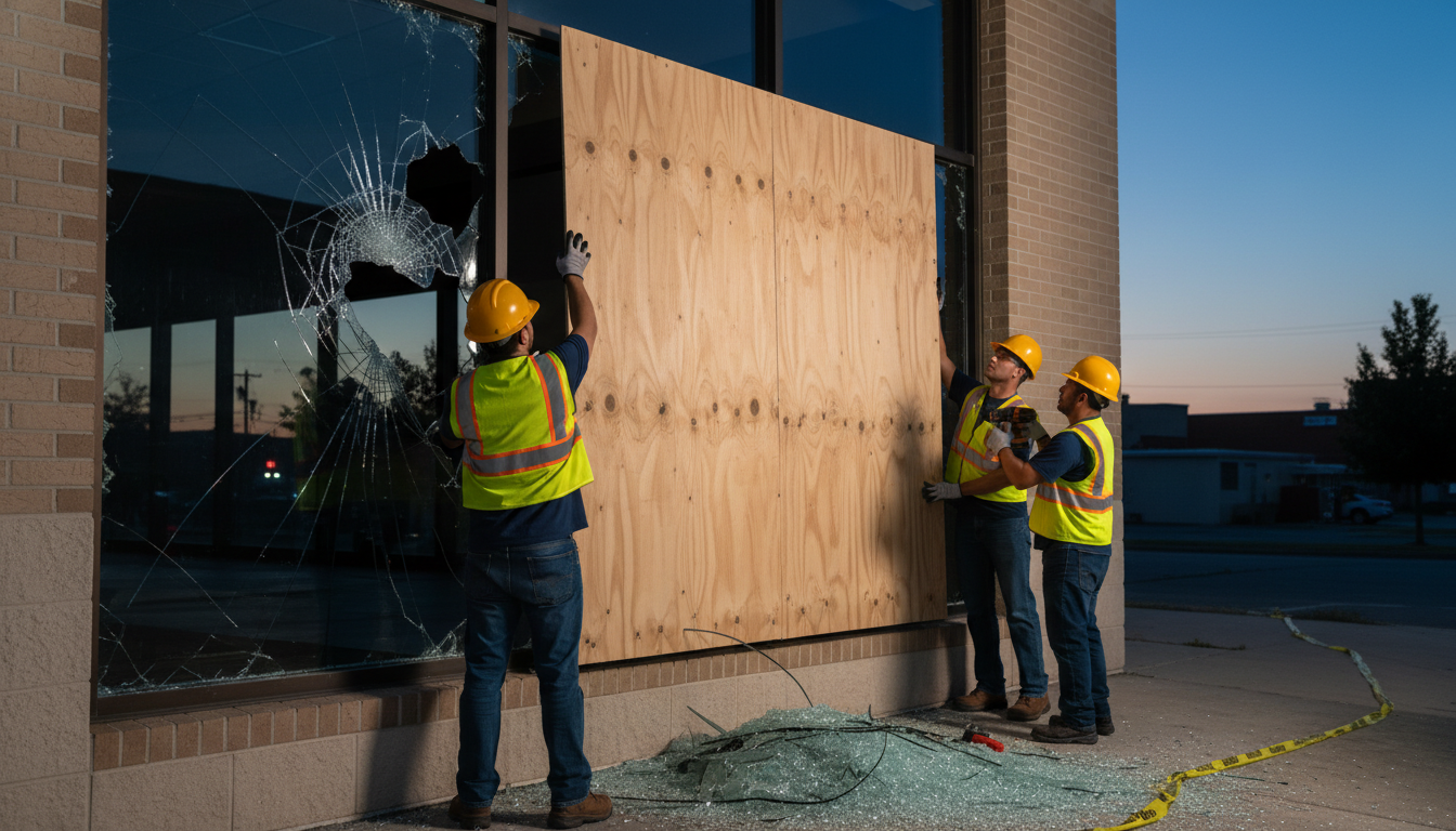 Emergency board up of broken windows on commercial building