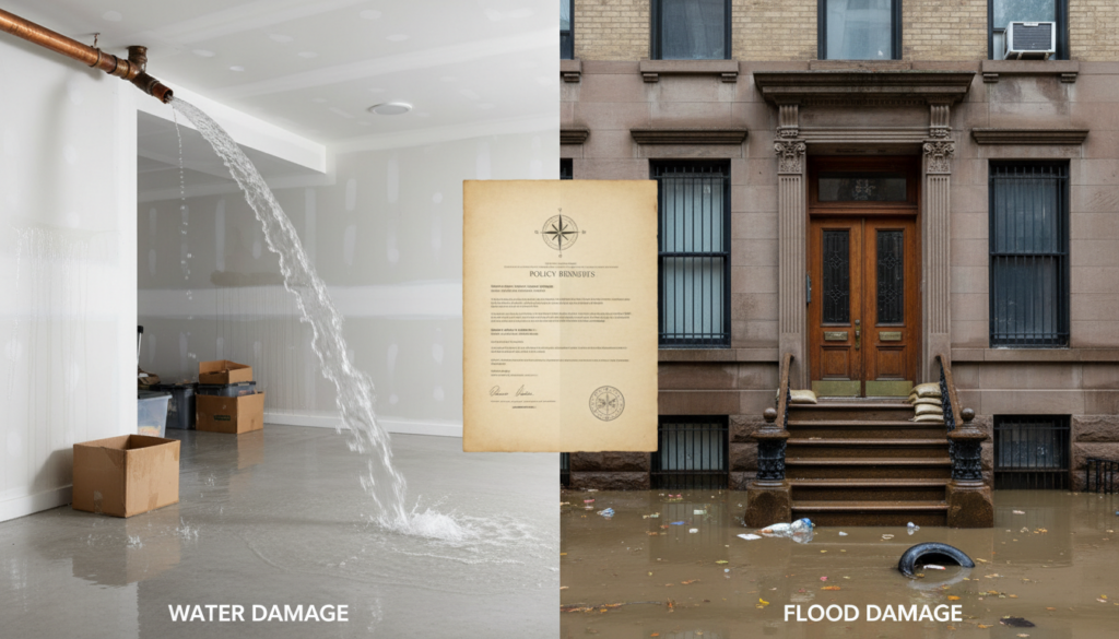 A split-screen comparison illustrating the difference between 'Water Damage' and 'Flood Damage' for insurance purposes. The left side shows an interior room where water gushes from a burst pipe, while the right side shows an exterior street scene of a brownstone building surrounded by murky floodwaters and sandbags on its stairs. Centered between the two images is an insurance document titled 'Policy Benefits'.
