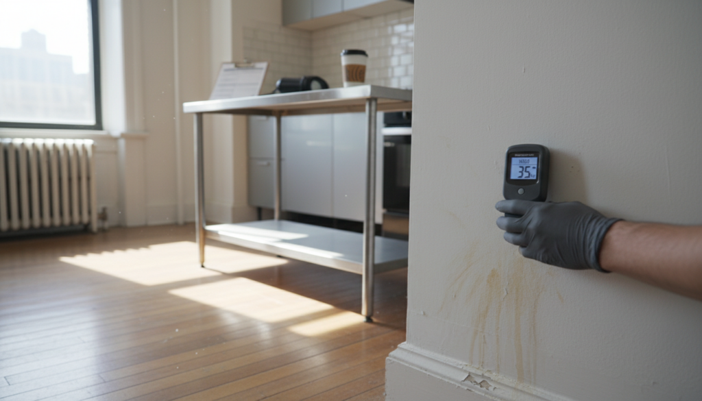 A person wearing a grey glove uses a digital moisture meter to check for water damage on a white wall with a visible stain in a bright apartment kitchen.