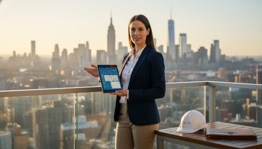A professional woman in a dark blazer holds a tablet displaying architectural blueprints while standing on a rooftop balcony. Behind her is the New York City skyline at sunset, featuring the Empire State Building. A white hard hat and a leather briefcase sit on a table to her right.