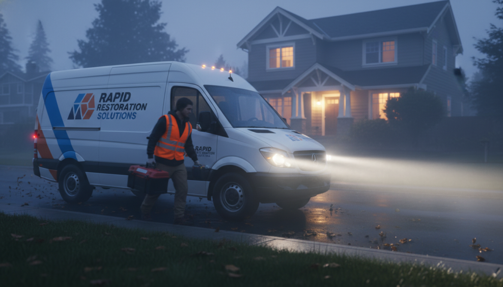 A Rapid Restoration Solutions service van with headlights on parked in front of a house at dusk, with a technician in a safety vest carrying a toolbox.