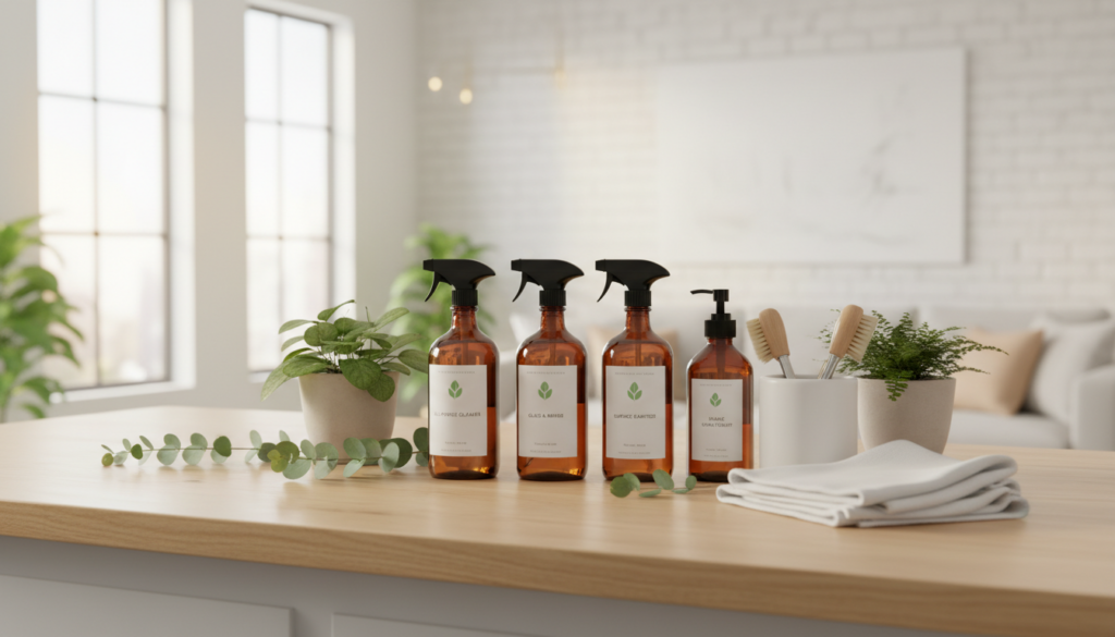 Four amber glass bottles with natural cleaning products on a wooden counter, accompanied by potted plants, brushes, and a white cloth in a bright, modern room.