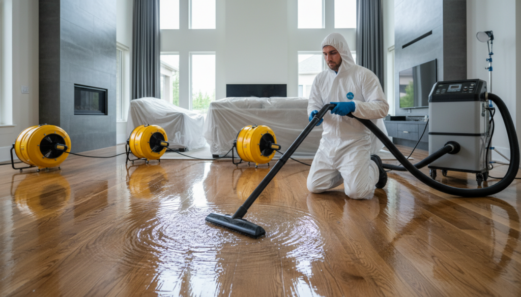 A technician in a white protective suit uses a wet vacuum to extract standing water from a flooded hardwood floor in a modern living room with yellow industrial fans in the background.