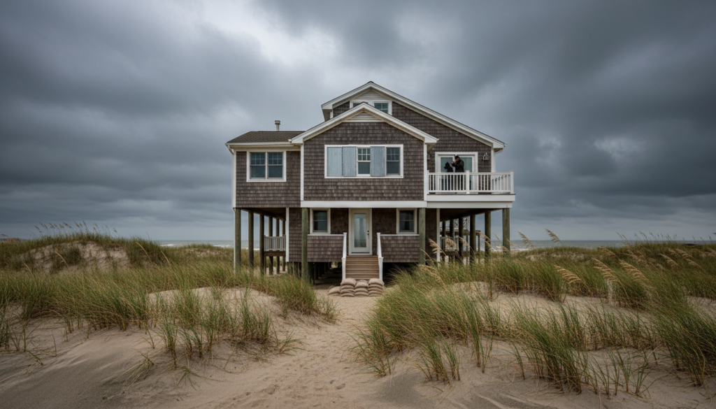 A large, shingle-sided beach house built on high pilings stands nestled among sand dunes and tall sea grass under a dark, dramatic stormy sky with the ocean in the background.