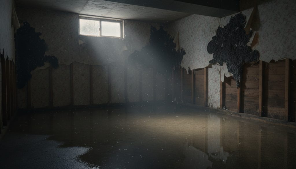 An abandoned, flooded basement with standing water on the floor. A beam of sunlight from a small high window illuminates dust and particles in the air. The walls feature peeling floral wallpaper and large, dark patches of mold that expose the wooden studs beneath.