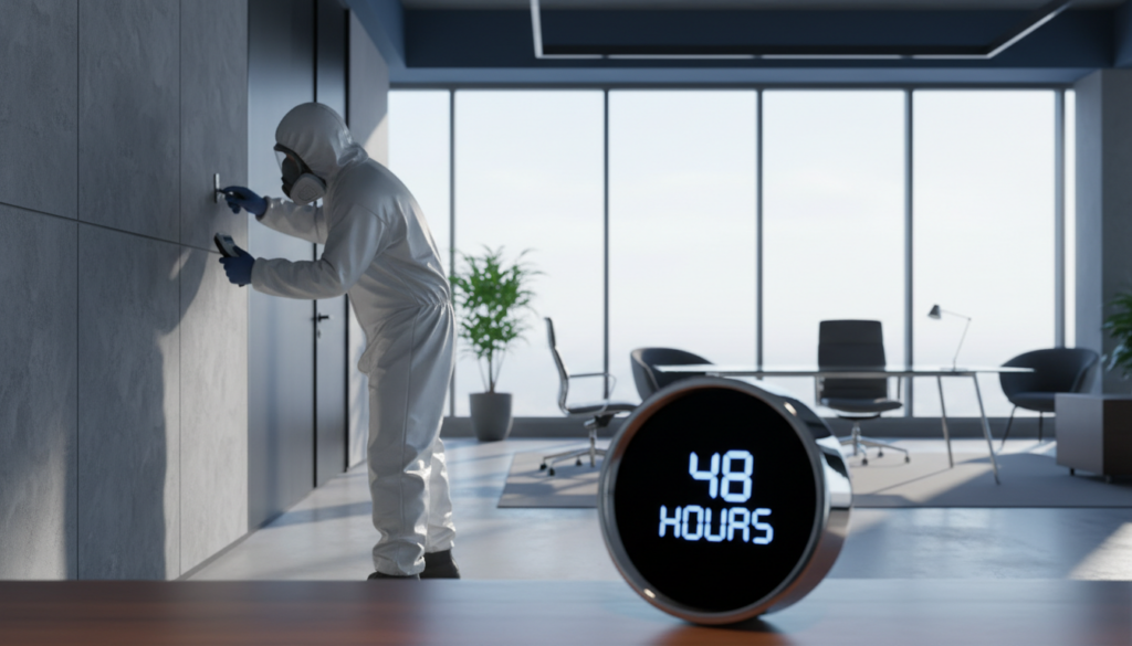 A technician in a white hazmat suit and respirator mask uses a tool on an office wall, with a foreground clock reading '48 HOURS'.