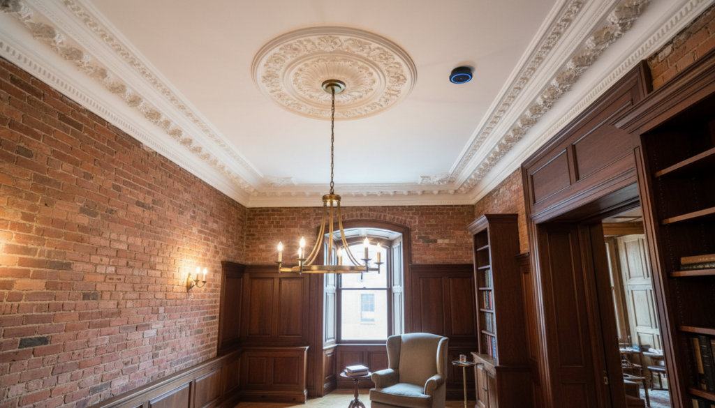 A sophisticated room featuring an exposed brick wall, dark wood wainscoting, an ornate white ceiling with decorative crown molding, and a classic brass chandelier hanging from a large ceiling medallion. A comfortable wingback chair and built-in bookshelves are also visible.