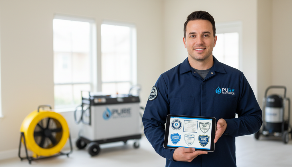 A smiling restoration professional in a blue Pure Restoration uniform holds a tablet showing certification seals, with industrial air moving and dehumidifying equipment in the background of a bright room.