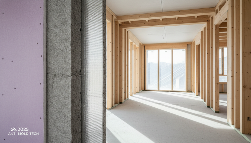 A residential interior under construction featuring a purple mold-resistant wall panel, thick mineral wool insulation, and a reflective vapor barrier. The background shows a spacious timber-framed hallway leading to large sunlit windows. The logo '2025 ANTI-MOLD TECH' is visible in the bottom left corner.