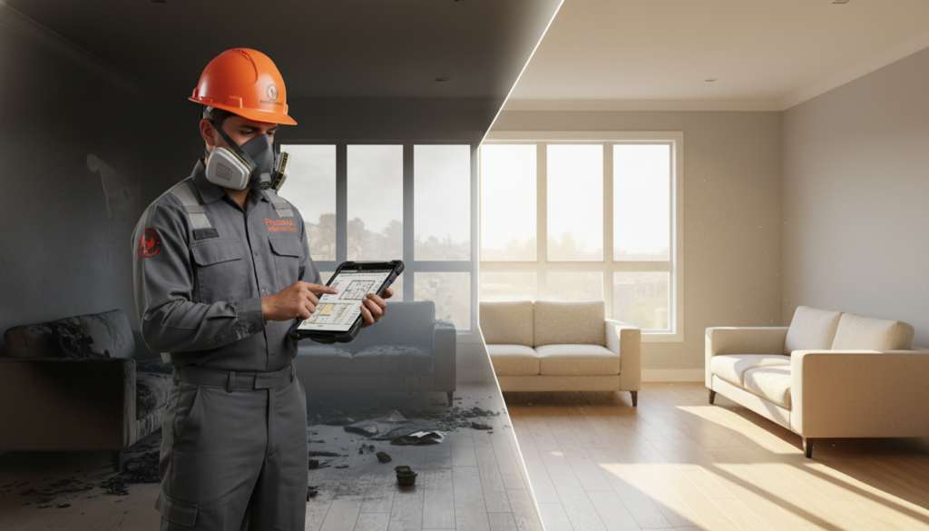 A split-screen comparison showing a room before and after restoration. On the left, a man in a safety helmet, respirator, and gray uniform uses a tablet to assess a dark, fire-damaged living room with charred furniture. On the right, the same room is shown fully restored with clean walls, a new white sofa, and bright natural light.