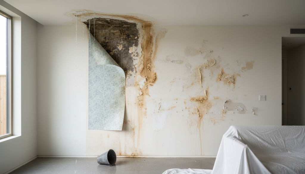 Severe water damage on a white interior wall with peeling floral wallpaper revealing dark mold growth, brown staining, and water dripping from the ceiling into a bucket on the floor.