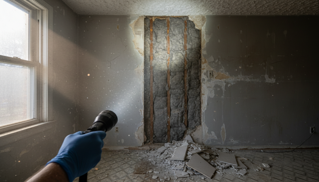 A person wearing a blue glove shines a flashlight into a large rectangular opening in a wall, revealing grey insulation and wooden studs with debris on the floor.