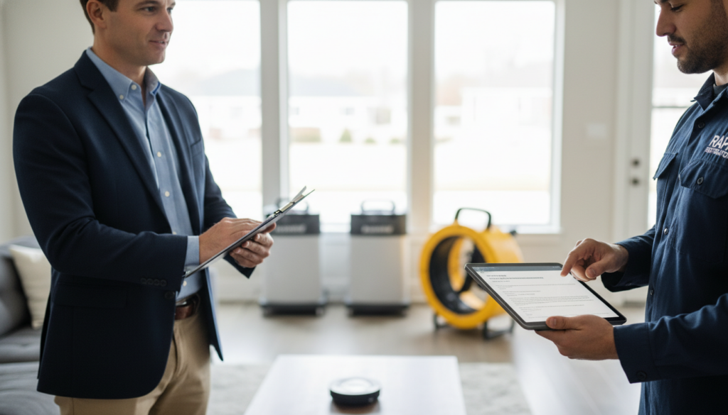 A restoration technician in a blue uniform and an insurance adjuster in a blazer discuss a property assessment using a tablet and clipboard, with industrial air movers and dehumidifiers in the background.