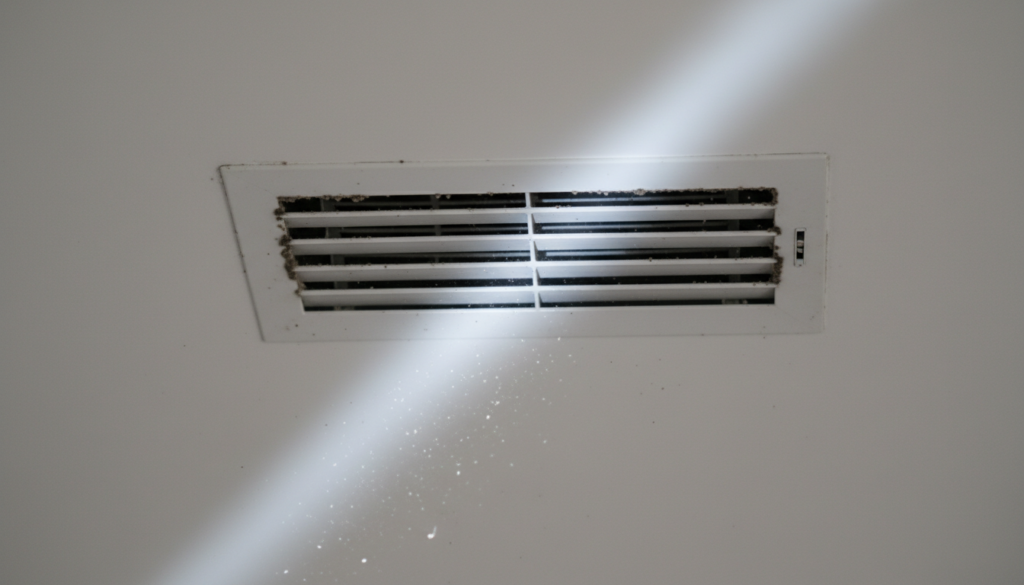 A dusty white ceiling air vent with visible debris and mold-like buildup around the slats. A beam of light illuminates dust particles floating in the air beneath the vent.
