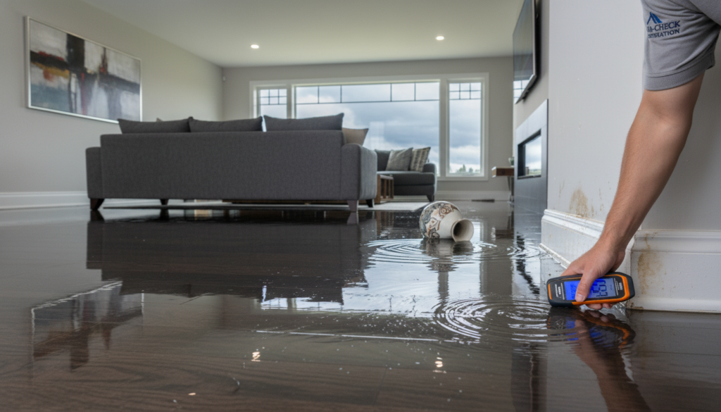 A person using a handheld moisture meter on a flooded dark wood floor in a modern living room. The water reflects a grey sectional sofa and a large window, while a decorative vase lies tipped over in the floodwater.
