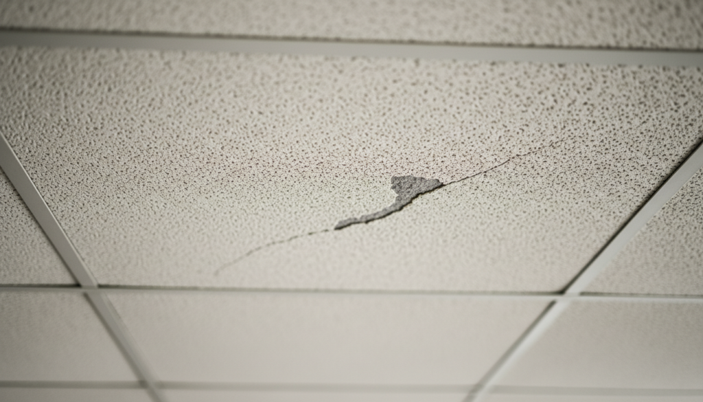 Close-up of a damaged drop ceiling tile featuring a large crack and a missing chunk of material.