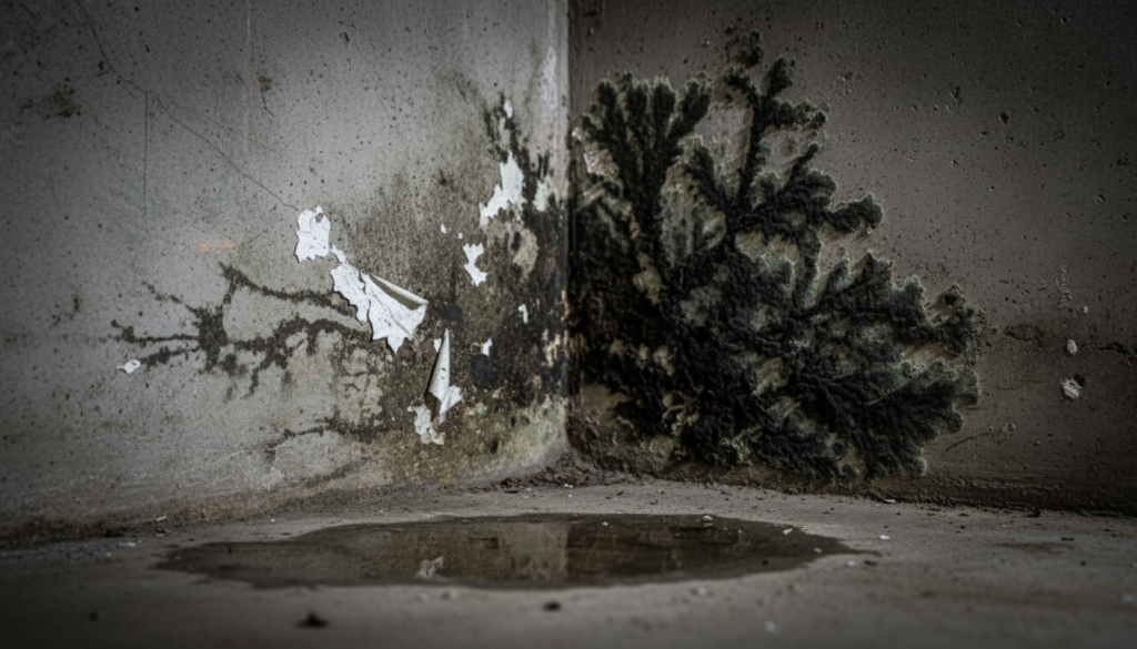 A close-up shot of a dark corner where two concrete walls meet, showing significant black and green mold growth, peeling white paint, and a small puddle of water on the floor below.