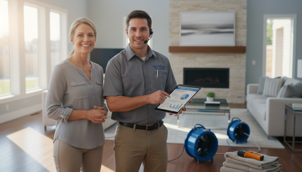 A smiling male restoration technician in a grey uniform and headset shows a digital report on a tablet to a happy homeowner in a bright living room equipped with industrial air movers.