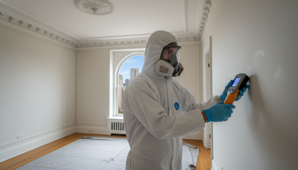 A professional inspector in a white hazmat suit and respirator uses a handheld moisture meter to test a wall in an empty apartment.