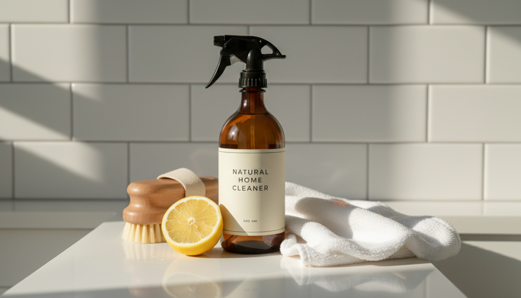 An amber glass spray bottle labeled 'Natural Home Cleaner' stands on a white countertop beside a halved lemon, a wooden scrub brush, and a white cloth against a white subway tile backsplash.
