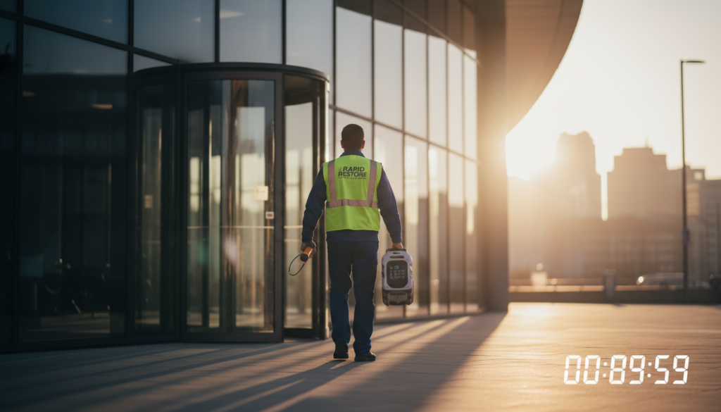 A restoration worker in a high-visibility vest labeled 'RAPID RESTORE' walking towards a modern glass building at sunset, carrying equipment. A digital timer displaying 00:89:59 is in the bottom right corner.