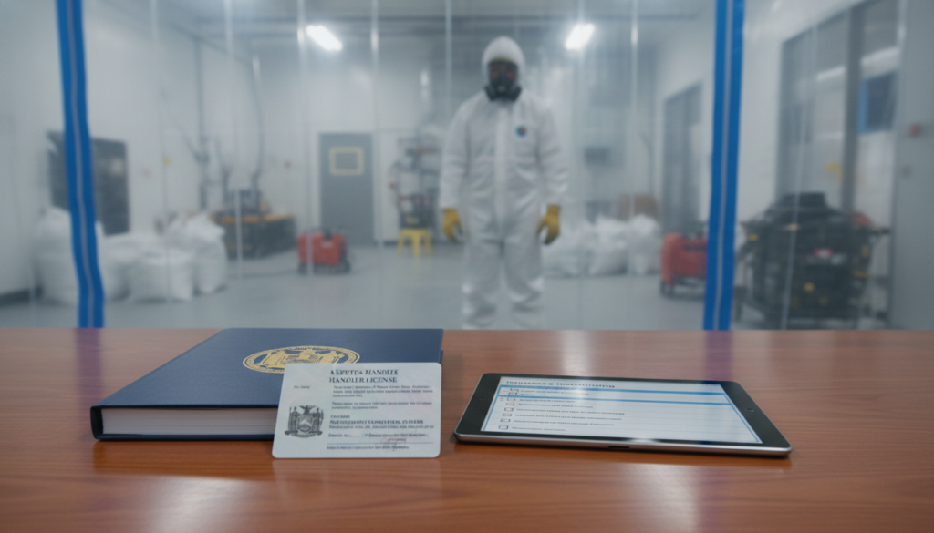 A person in a white hazmat suit stands in a containment area behind a table displaying an asbestos handler license, a blue binder, and a digital tablet.