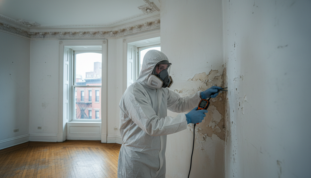 A professional inspector wearing a white hazmat suit and full-face respirator uses a handheld electronic testing device to check for environmental hazards on a section of peeling paint in an empty, historic apartment.