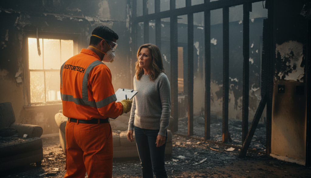 A restoration expert in an orange jumpsuit and safety gear assesses fire damage with a distressed homeowner in a charred room.