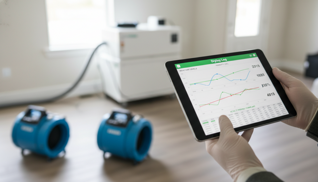 A close-up of a person holding a tablet showing a drying log app with data charts in a room where blue air movers and a large white dehumidifier are positioned on a floor for water damage restoration.