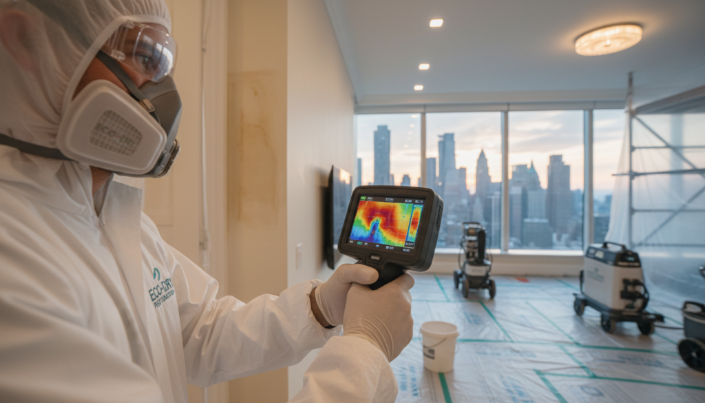 A technician wearing a full hazmat suit, respirator, and safety goggles uses a handheld thermal imaging camera to inspect a high-rise room. The camera display shows a colorful heat map of a wall, while professional restoration equipment and a city skyline are visible in the background.