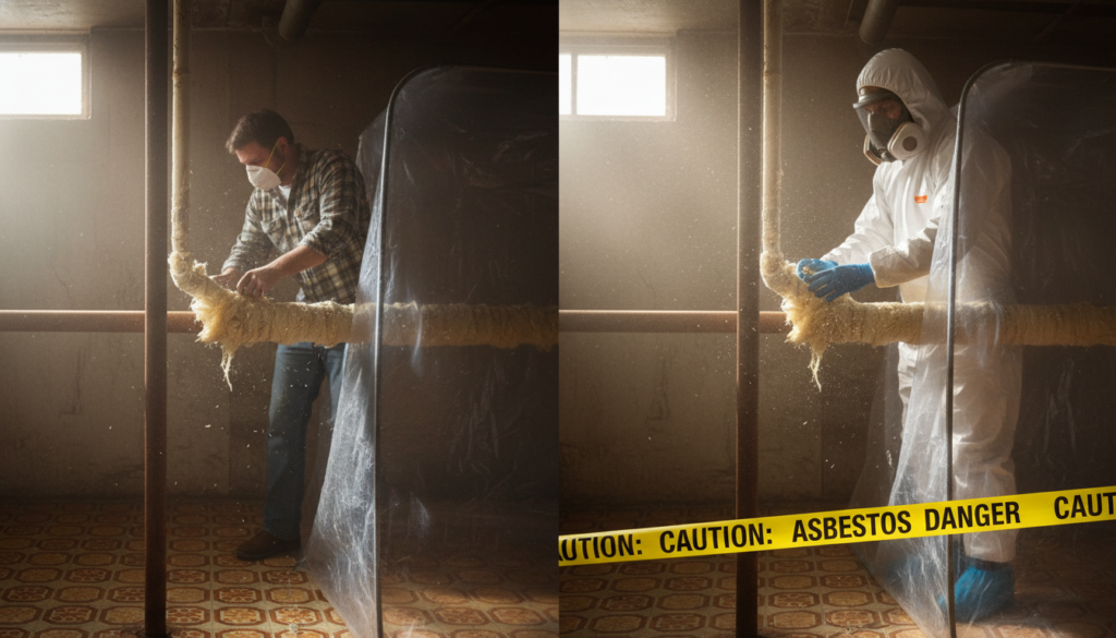 A side-by-side comparison image showing unsafe versus safe asbestos removal. On the left, a man in a plaid shirt and simple dust mask handles fraying pipe insulation in a basement. On the right, a professional in a full white hazmat suit, respirator, and gloves works behind a plastic containment barrier, with yellow caution tape reading 'ASBESTOS DANGER' in the foreground.