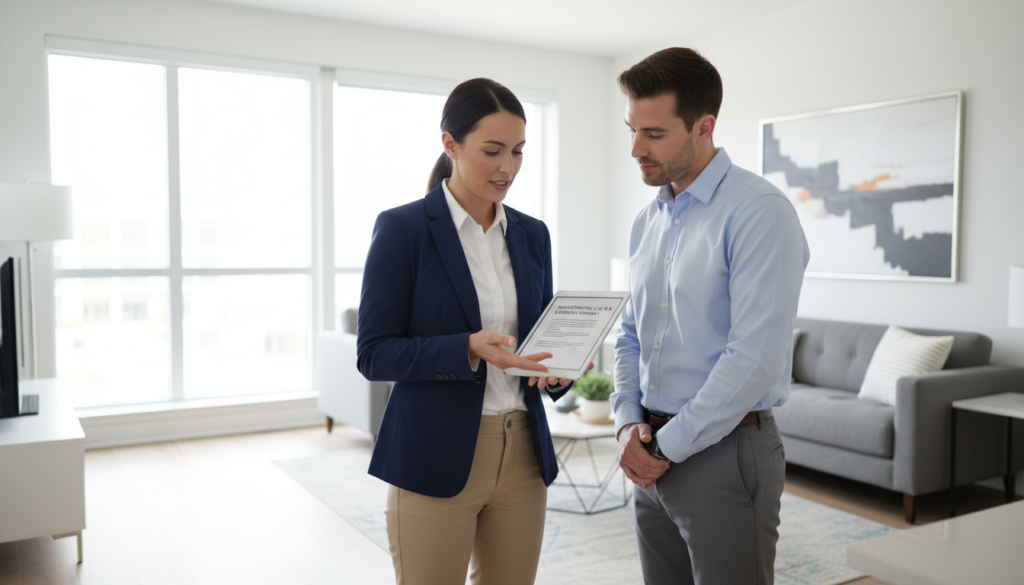 A female real estate agent in a navy blazer shows information on a tablet to a male client in a bright, modern apartment living room with large windows and a grey sofa.