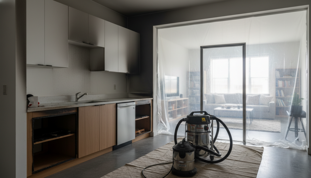 A kitchen undergoing smoke damage restoration with soot-covered upper cabinets, a professional-grade vacuum cleaner on a drop cloth, and a clear plastic containment barrier with a zippered door separating the workspace from a living room.