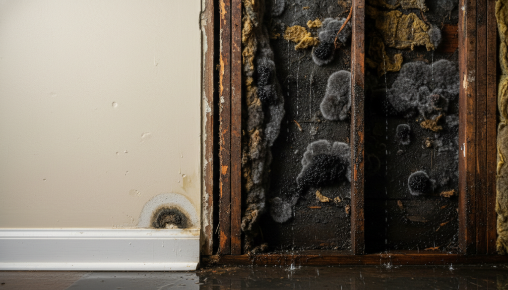 Close-up view of a wall interior showing severe black mold growth on wooden studs, insulation, and the back of the drywall, with visible water droplets indicating an active leak.