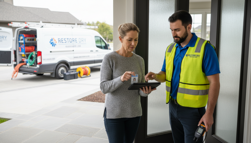 A professional technician from Restore Dry in a safety vest shows a restoration assessment to a homeowner on a tablet at her front door.