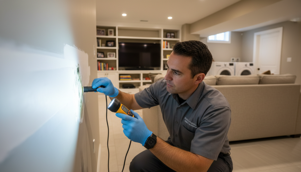 A professional mold inspector wearing blue gloves uses a moisture meter and a flashlight to examine a patch of green mold growth on a basement wall.