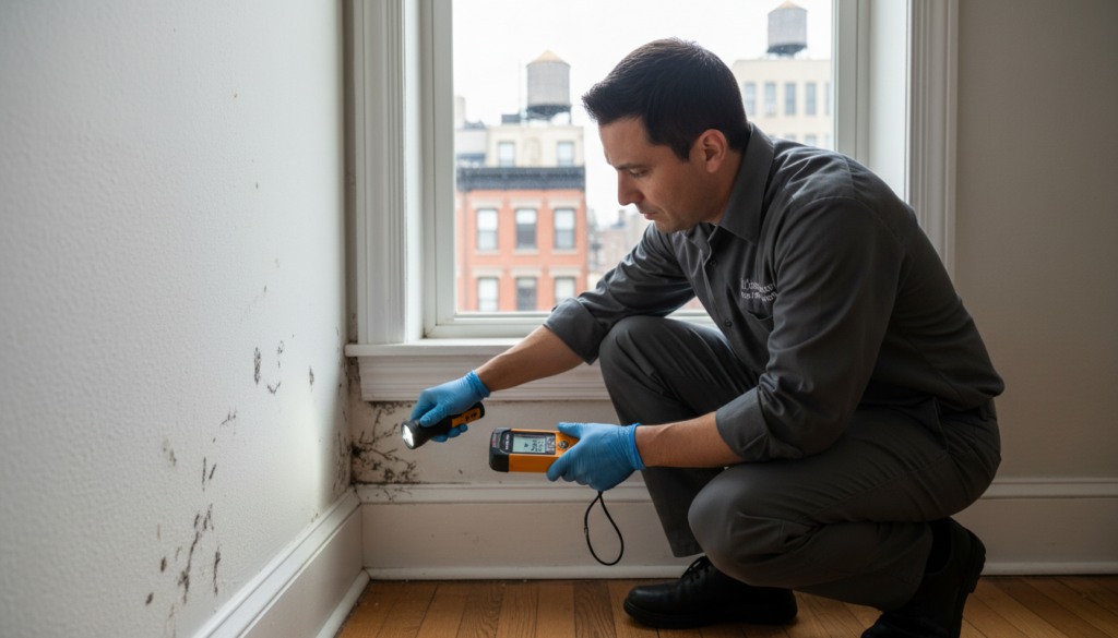 A professional mold inspector in a grey uniform and blue gloves uses a flashlight and moisture meter to examine dark mold growth on an interior wall and baseboard near a window.