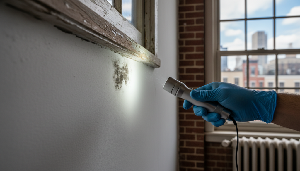 A hand in a blue glove holds a silver flashlight, shining its beam onto a dark patch of mold on a white wall beneath a wooden windowsill.