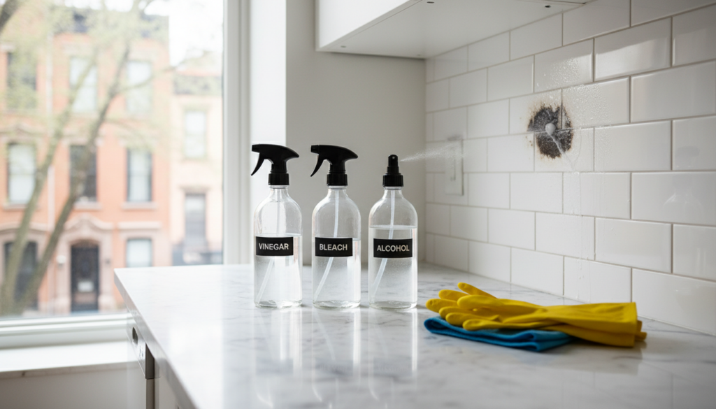 Three glass spray bottles labeled Vinegar, Bleach, and Alcohol sit on a white marble countertop. The Alcohol bottle is spraying a mist onto a dark spot on a white subway tile backsplash, with yellow rubber gloves and a blue cloth nearby.
