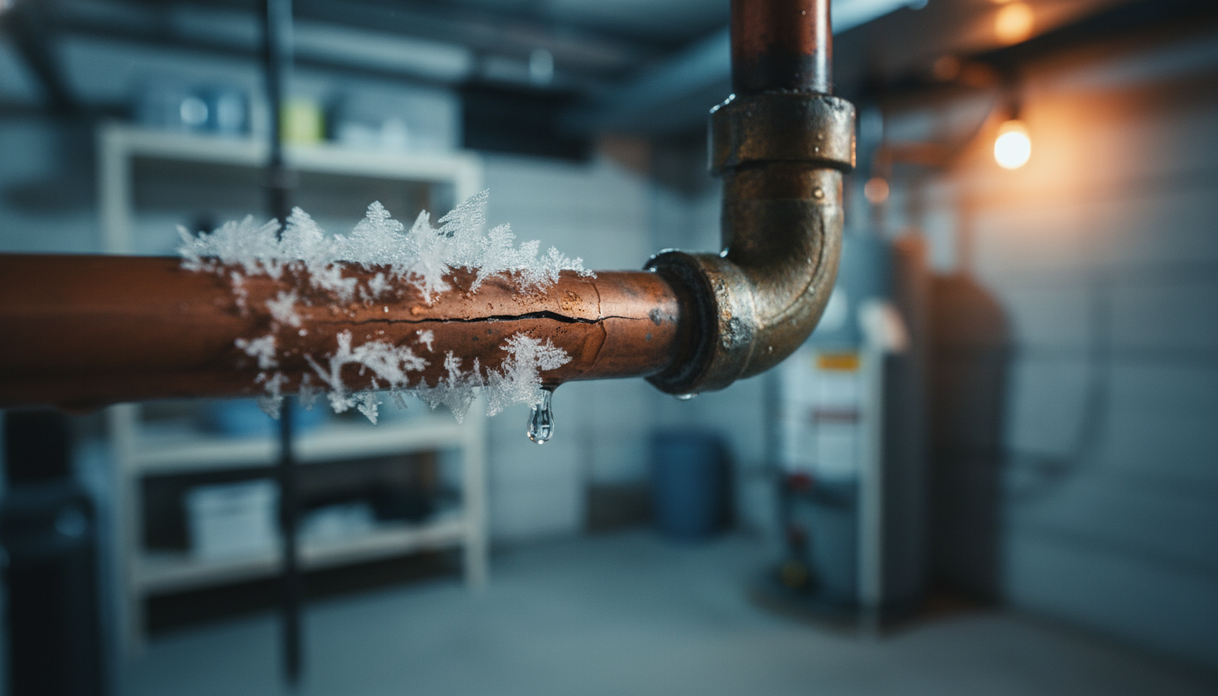 A close-up photograph of a burst copper water pipe in a basement, showing a large crack covered in white, crystalline frost and ice with a single water droplet hanging from the pipe.