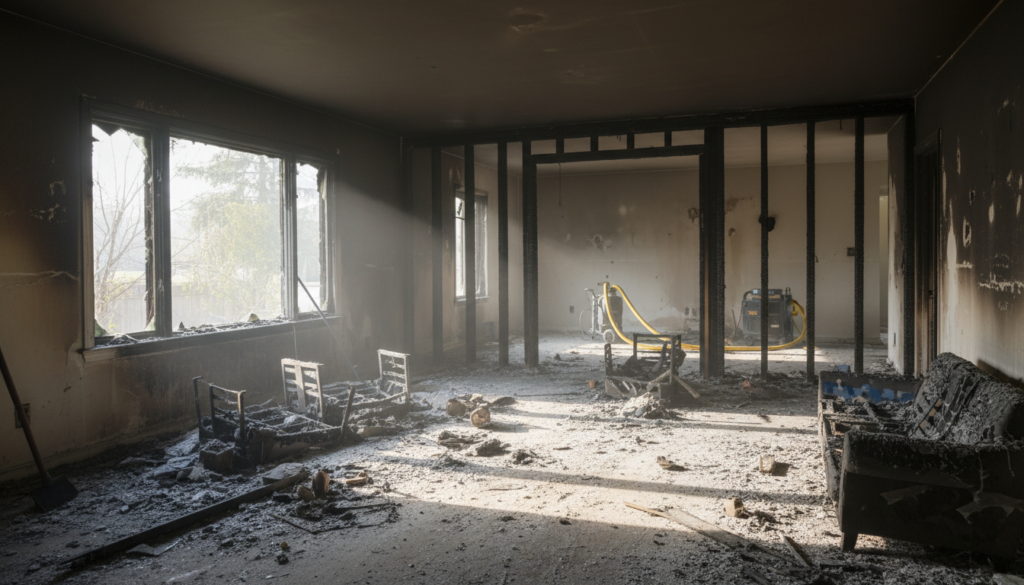 Interior of a house heavily damaged by fire, featuring charred furniture, soot-covered walls and floors, and sunlight streaming through a large broken window onto cleaning and restoration equipment in the background.
