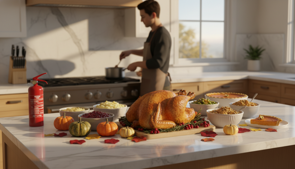 A festive Thanksgiving spread on a white marble island including a roasted turkey, mashed potatoes, cranberry sauce, stuffing, pumpkin pie, and small decorative pumpkins, with a red fire extinguisher positioned to the left and a man cooking in the background.