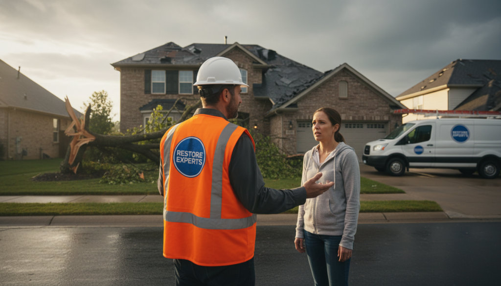 A restoration professional from Restore Experts in a high-visibility orange vest and hard hat speaks with a concerned homeowner in front of a brick house with roof damage and a large fallen tree in the yard after a storm.