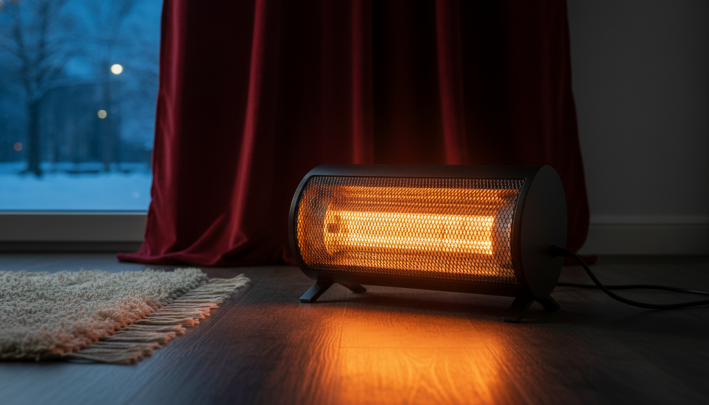 A cylindrical electric space heater glowing with a bright orange heat element sits on a dark wood floor. In the background, rich red curtains are drawn partially to reveal a window looking out onto a snowy, blue-toned twilight landscape.