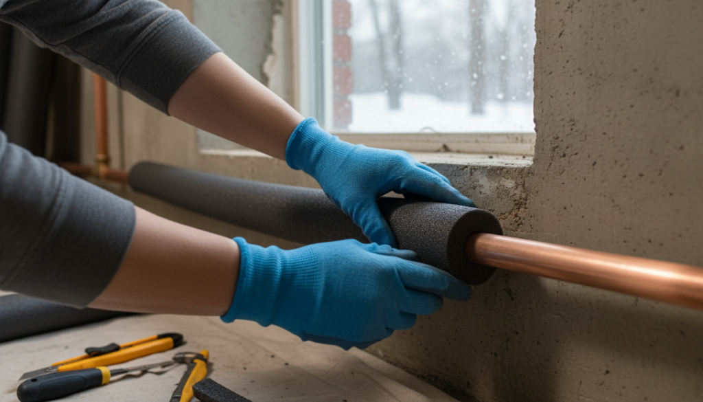 A person wearing blue work gloves installs black foam tube insulation onto a copper water pipe in a basement near a window.