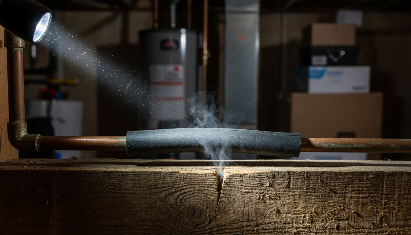 A flashlight shines on a copper pipe in a dark basement where smoke is rising from behind a section of black foam insulation.