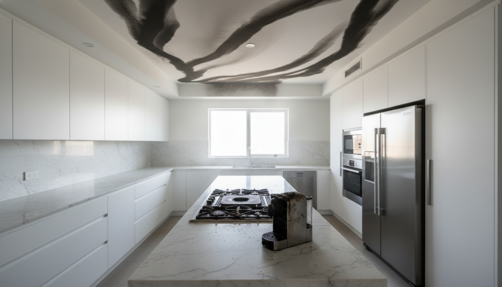 A minimalist white kitchen with a large marble island. The ceiling is decorated with flowing, black abstract patterns resembling smoke or ink. The stove and coffee machine on the island appear dirty and covered in soot.